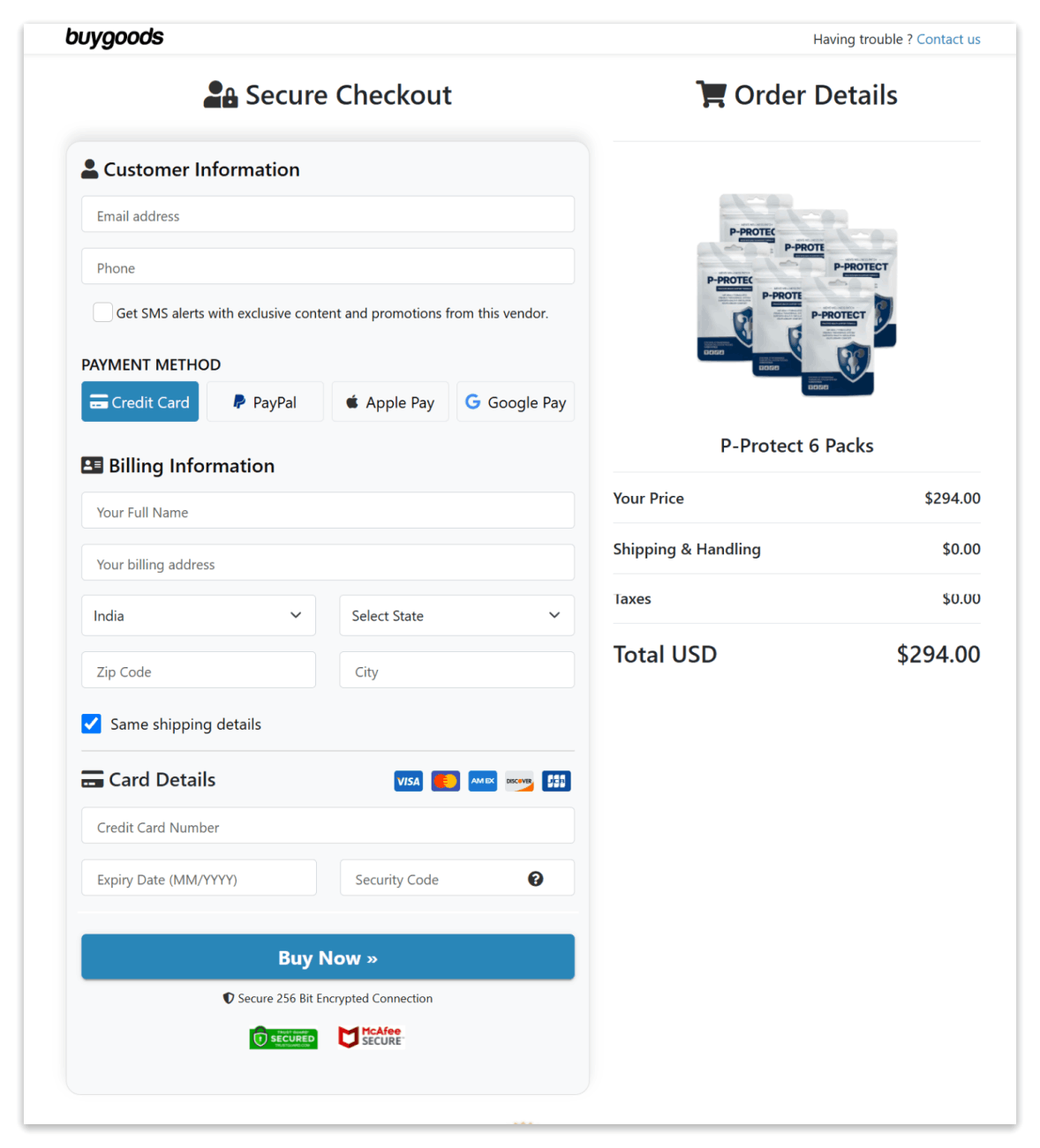 P-Protect Secure Checkout Page